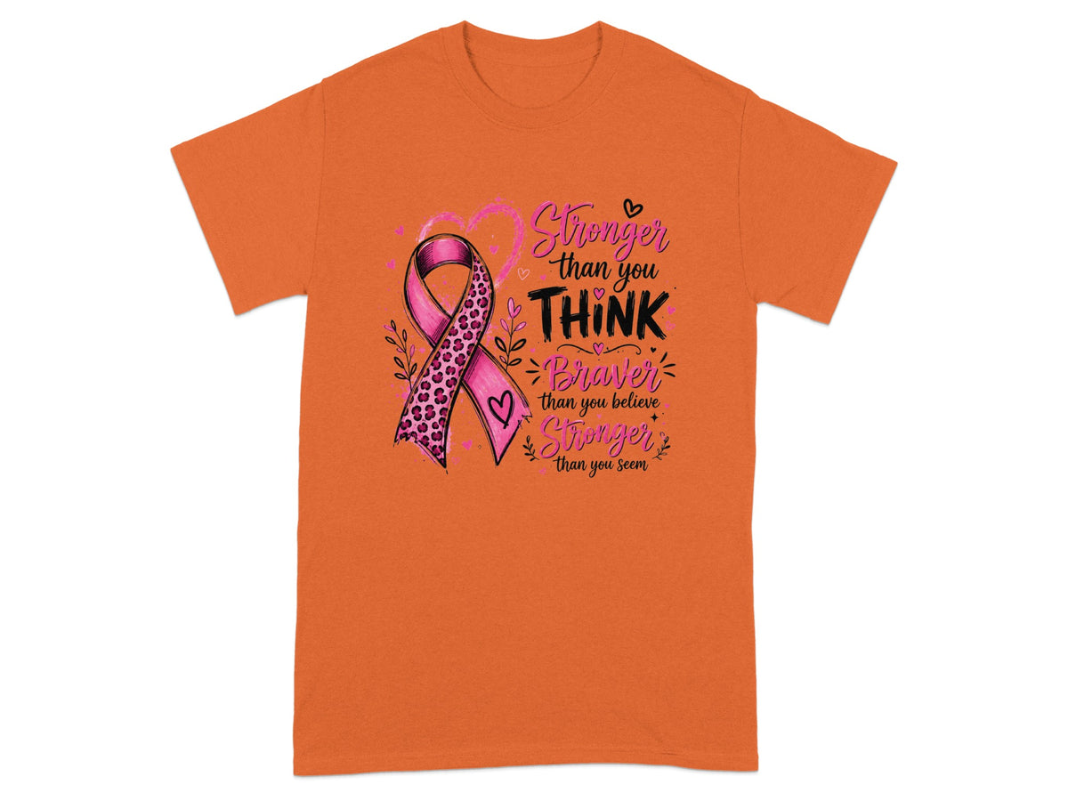 Orange t-shirt with a pink ribbon and inspirational text about strength.