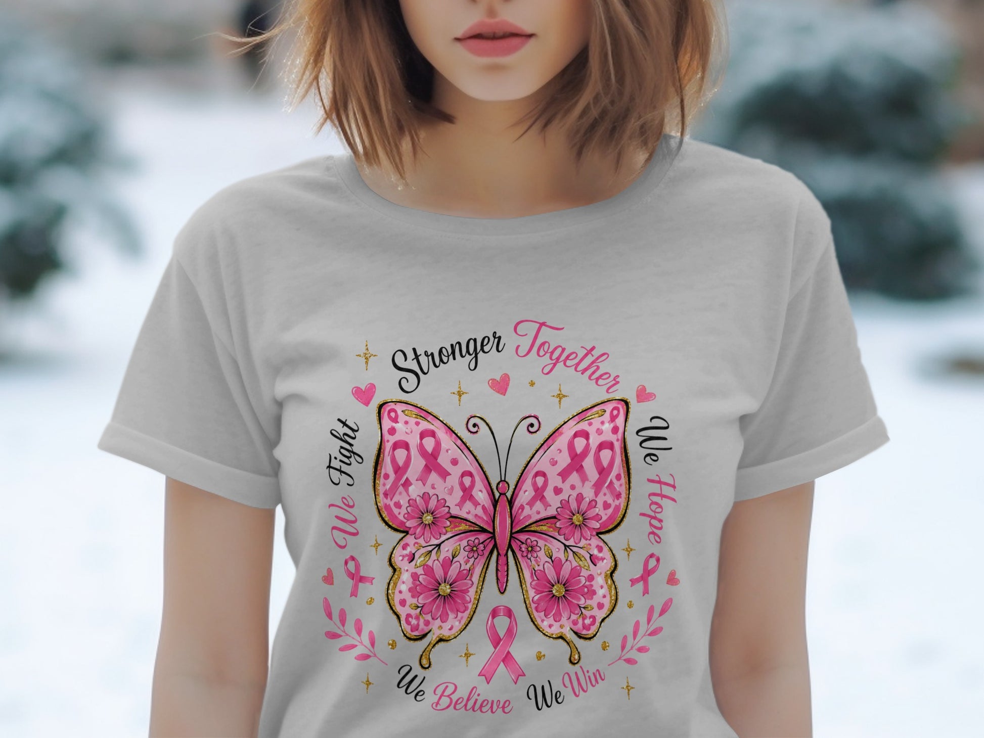 Light gray t-shirt with pink butterfly and breast cancer awareness ribbons.