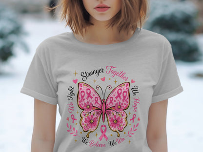 Light gray t-shirt with pink butterfly and breast cancer awareness ribbons.