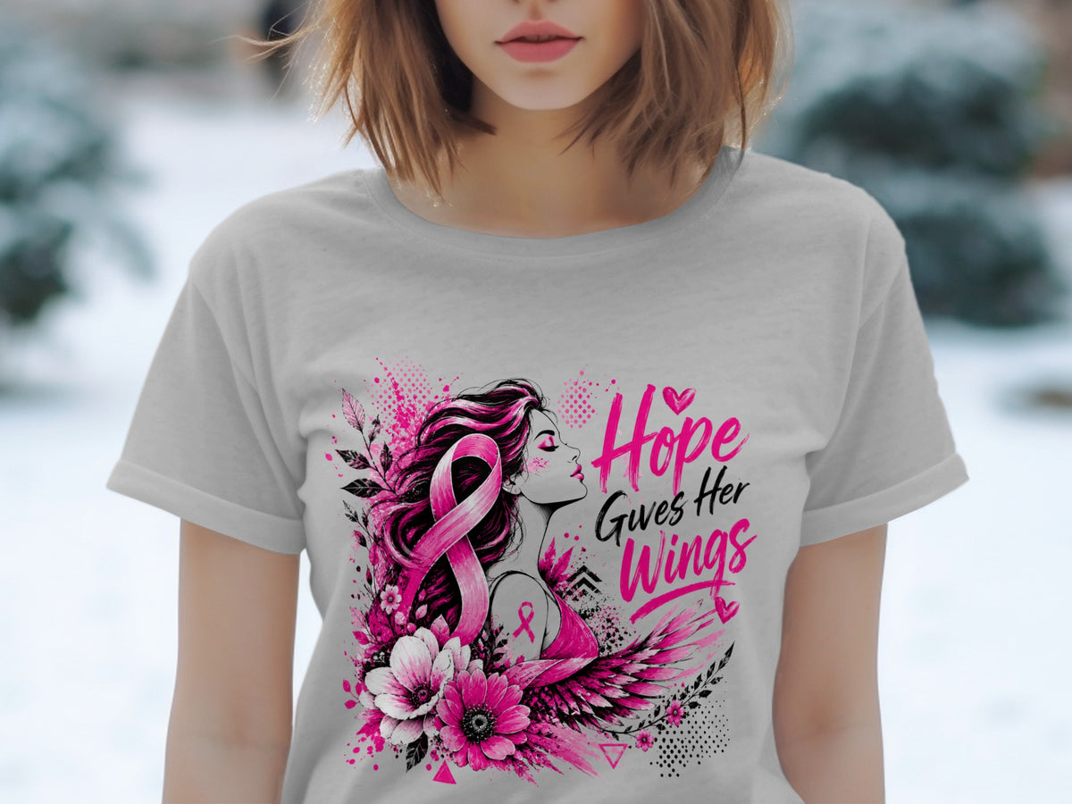 Breast cancer awareness graphic with pink ribbon, woman, flowers, and text "Hope Gives Her Wings."
