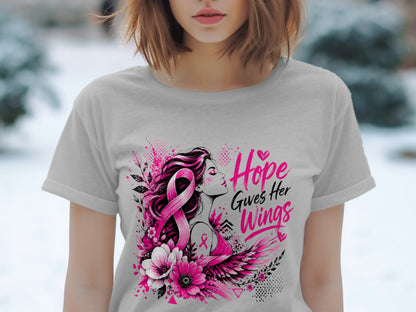 Breast cancer awareness graphic with pink ribbon, woman, flowers, and text "Hope Gives Her Wings."
