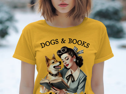 Yellow t-shirt with "DOGS & BOOKS" and vintage art of woman and dog reading book.