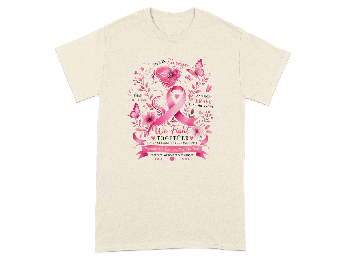 Cream t-shirt with pink breast cancer ribbon, woman, butterflies, and inspirational text.