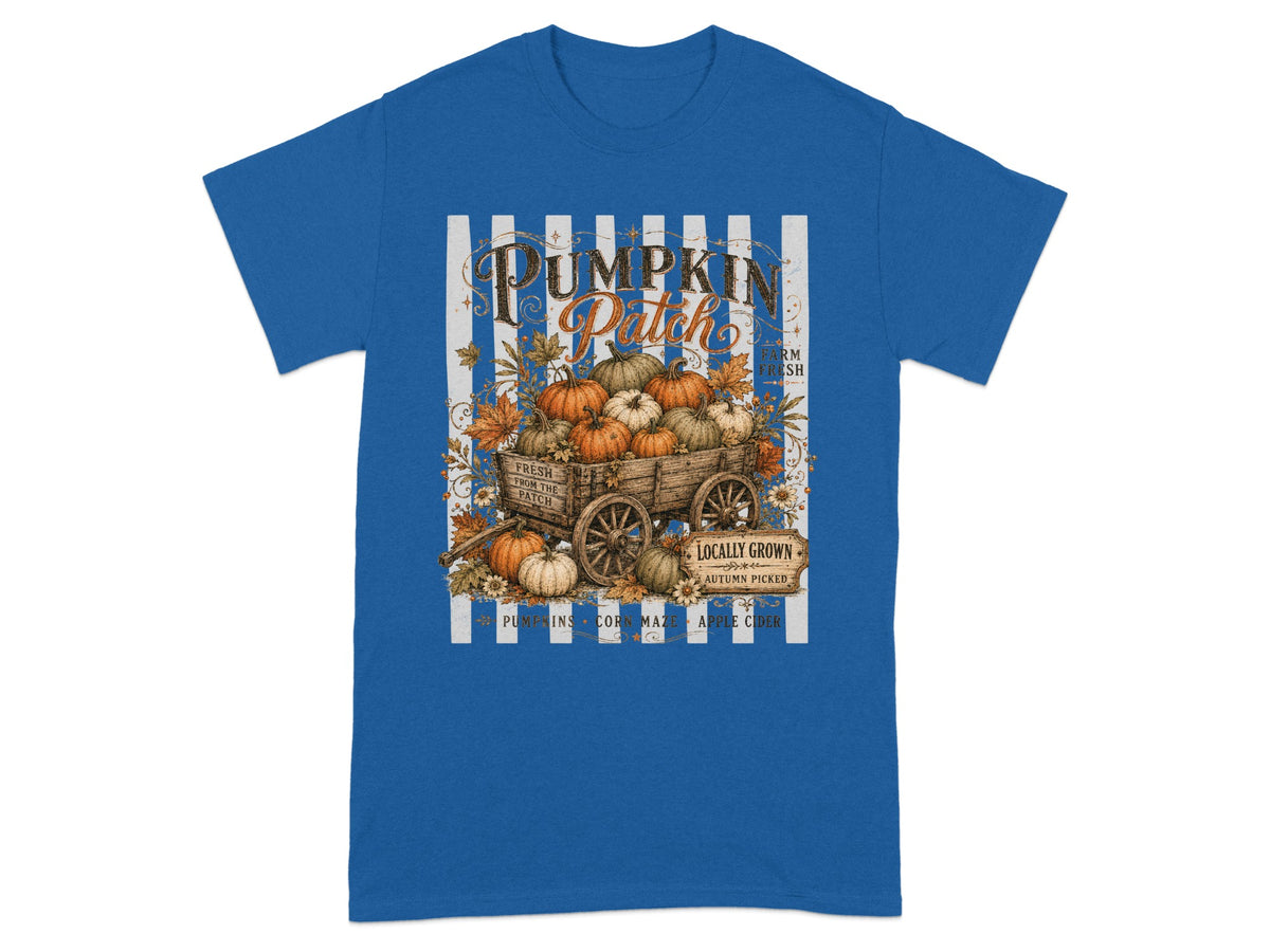 "Pumpkin Patch" graphic with wagon of pumpkins, autumn leaves, and text "Locally Grown".