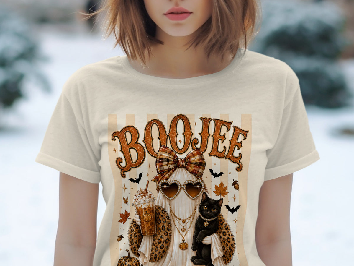 Ghost with heart sunglasses, coffee, and cat on "BOOJEE" Halloween graphic t-shirt.