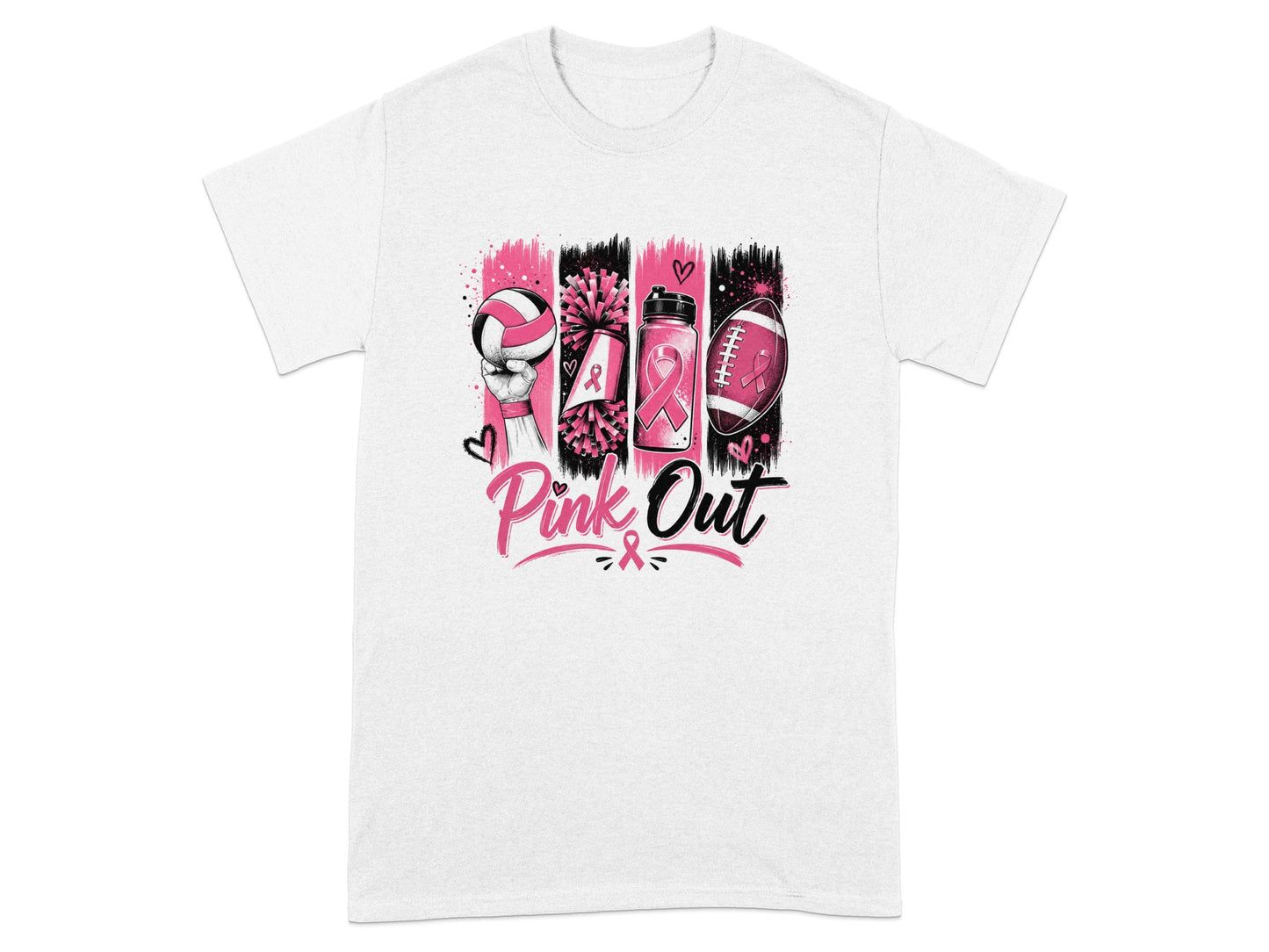 White t-shirt with "Pink Out" design featuring sports icons and breast cancer ribbons.