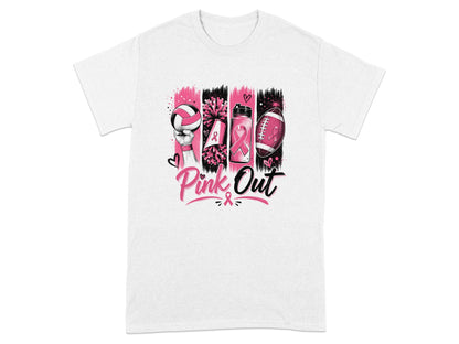 White t-shirt with "Pink Out" design featuring sports icons and breast cancer ribbons.