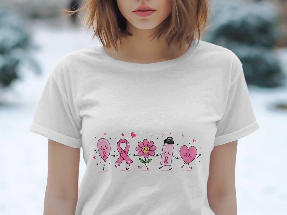 White t-shirt with cartoon breast cancer awareness ribbon, balloon, flower, water bottle, and heart.