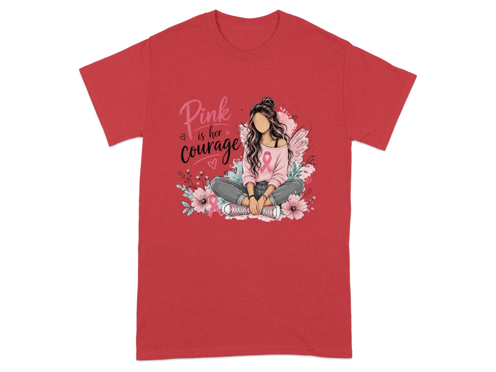 Pink is her courage graphic with a girl and floral accents.