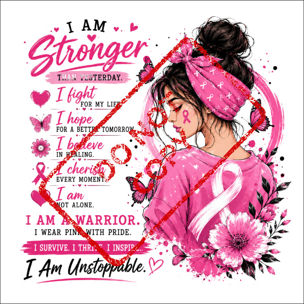 Woman with pink ribbon bandana and shirt, breast cancer awareness text.