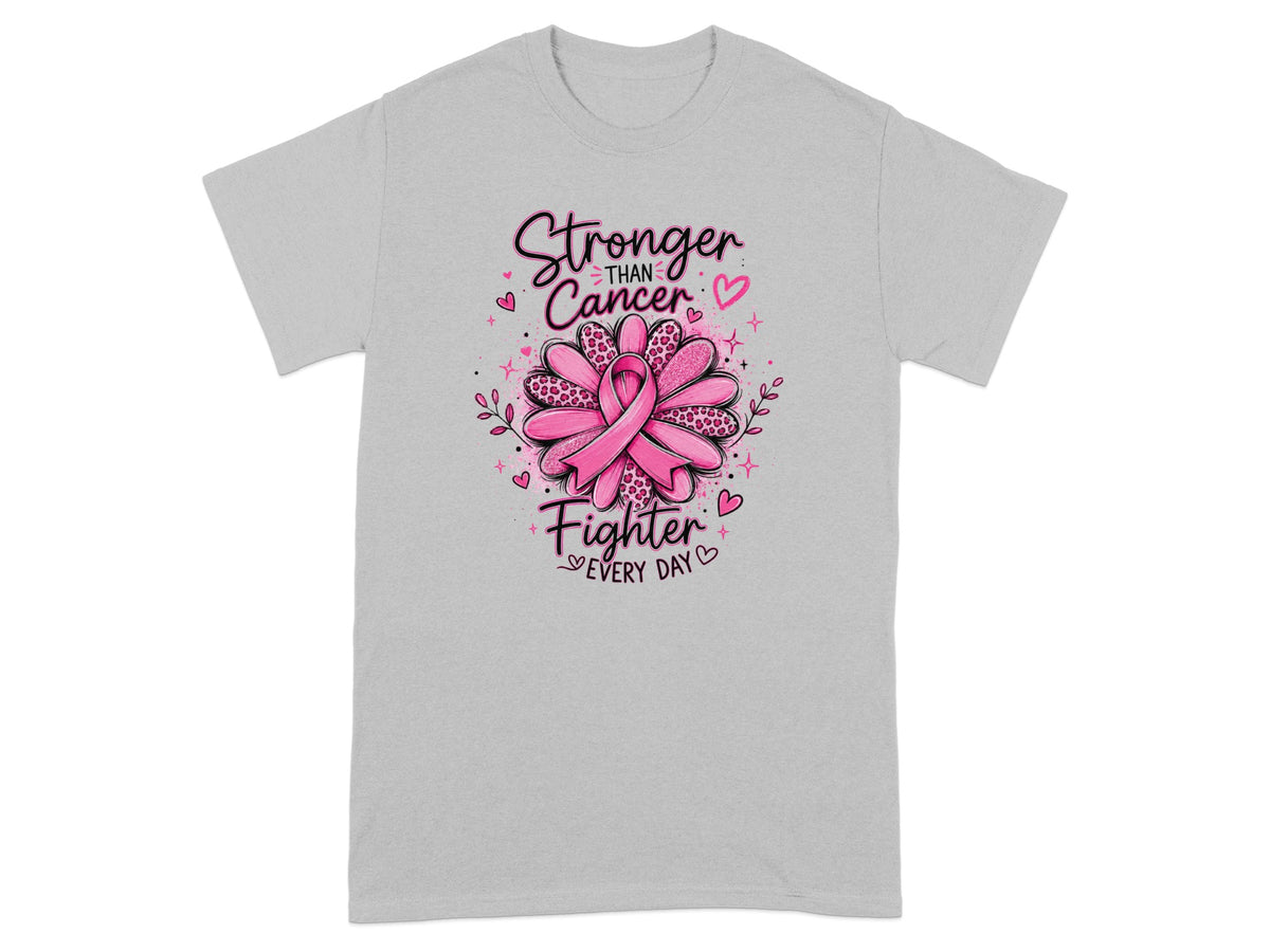 Grey t-shirt with pink ribbon design and text "Stronger Than Cancer Fighter Every Day".