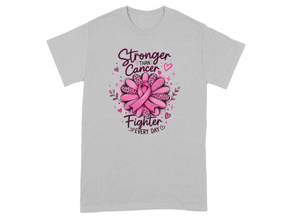 Grey t-shirt with pink ribbon design and text "Stronger Than Cancer Fighter Every Day".