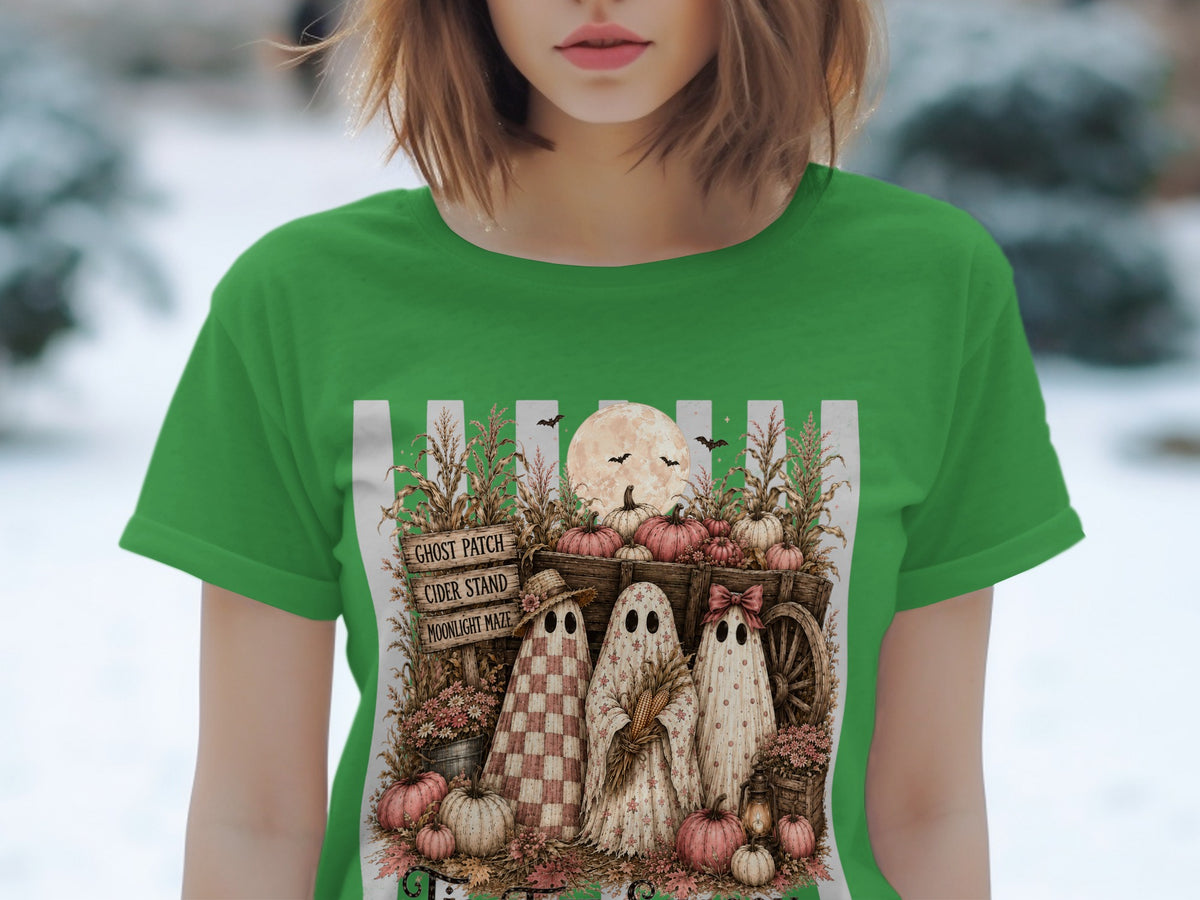 Three ghosts stand by a wooden wagon filled with pumpkins, corn, and flowers.