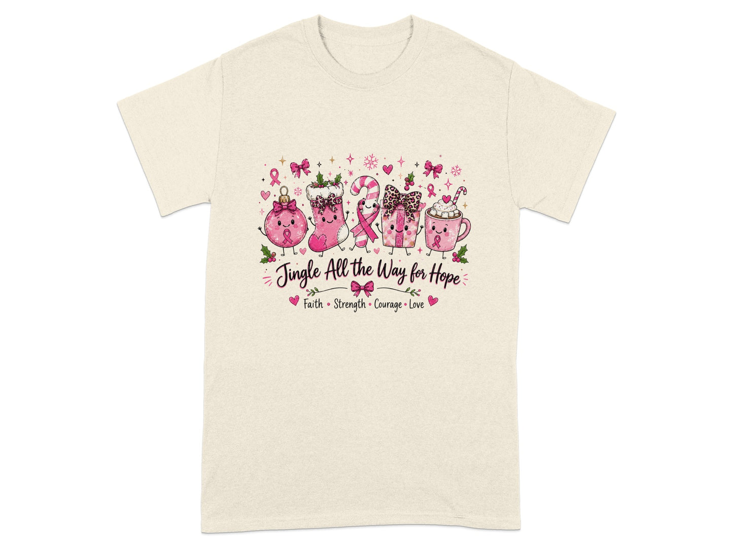 Christmas-themed items with pink ribbons and the text "Jingle All the Way for Hope."
