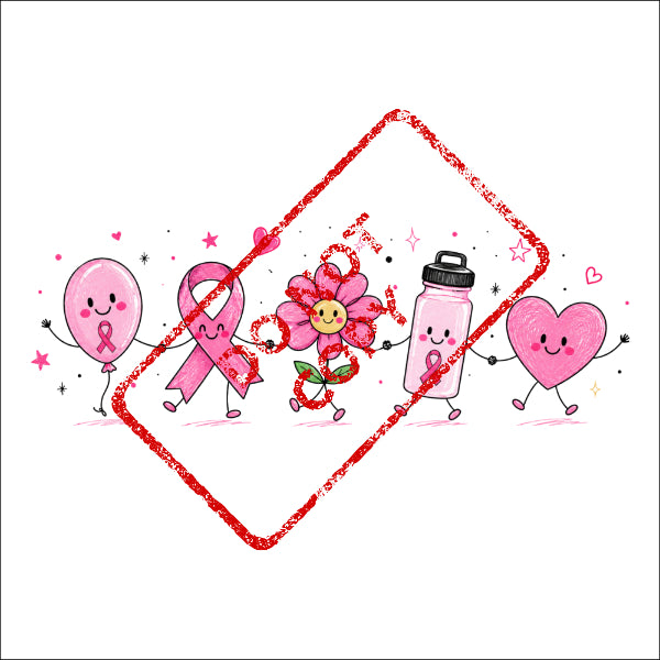 Cartoon balloon, ribbon, flower, water bottle, and heart characters holding hands with pink ribbons.