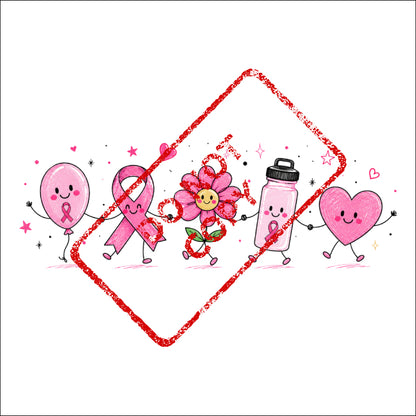 Cartoon balloon, ribbon, flower, water bottle, and heart characters holding hands with pink ribbons.