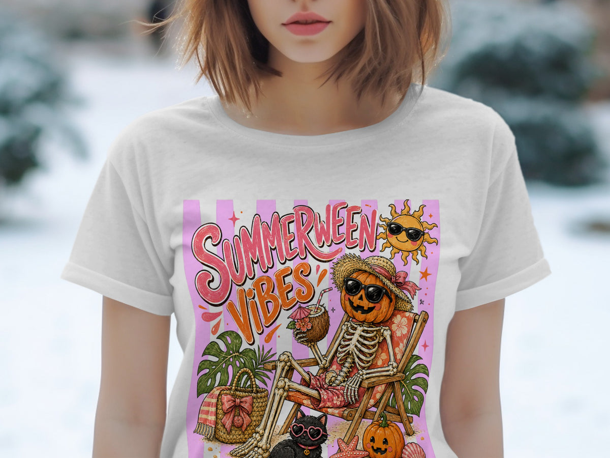 Skeleton in beach chair with pumpkin head and "Summerween Vibes" text.