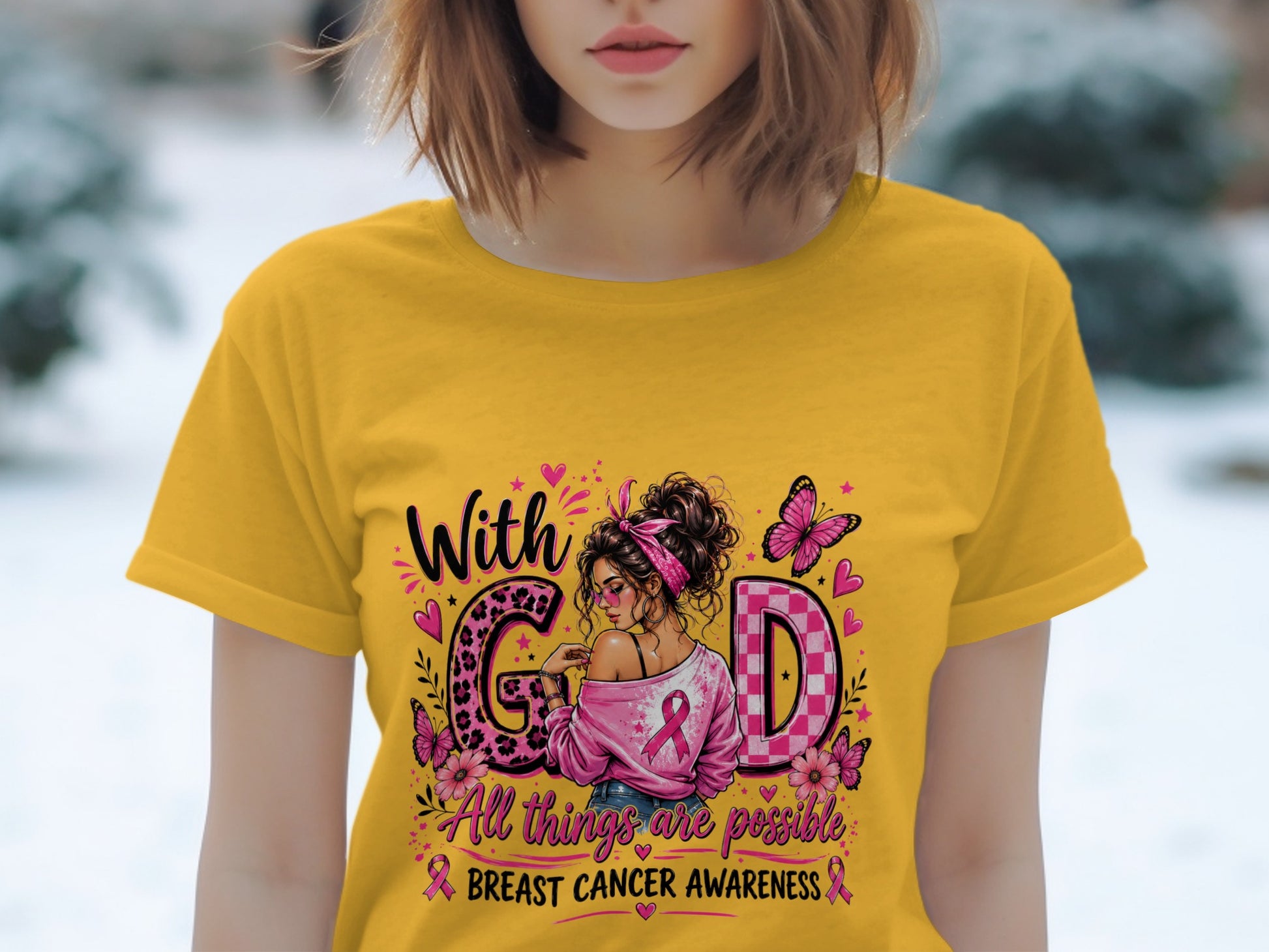 Yellow t-shirt with a woman and "With GOD All things are possible BREAST CANCER AWARENESS" text.