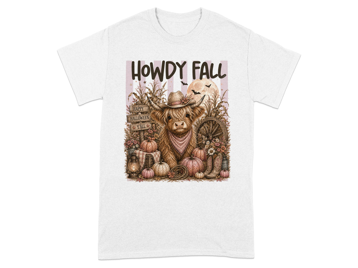 Highland cow wearing cowboy hat with "Howdy Fall" and Halloween pumpkins.