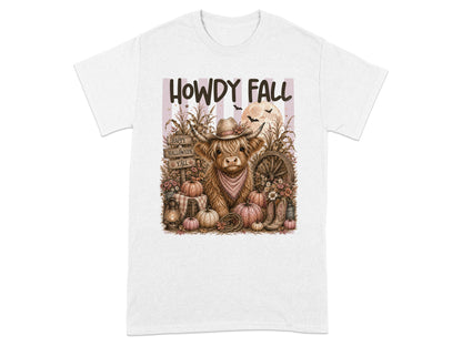 Highland cow wearing cowboy hat with "Howdy Fall" and Halloween pumpkins.