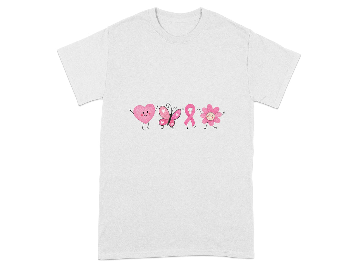 White t-shirt with pink heart, butterfly, ribbon, and flower illustrations.