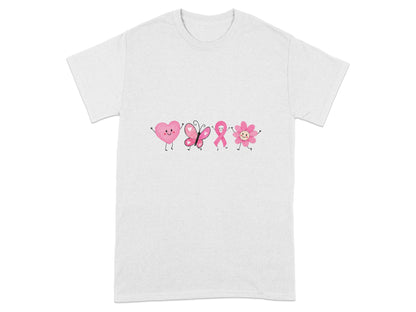 White t-shirt with pink heart, butterfly, ribbon, and flower illustrations.