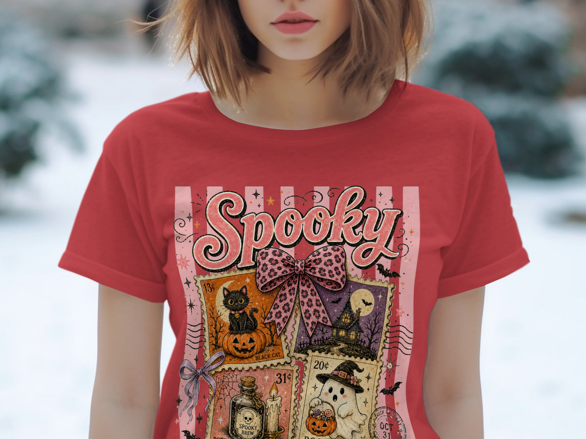 Red t-shirt with "Spooky" text and four Halloween-themed postage stamps.