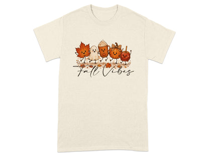 T-shirt with cartoon fall characters and "Fall Vibes" text.