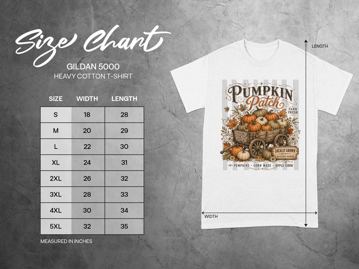 Gildan 5000 Heavy Cotton T-Shirt size chart with pumpkin patch graphic.