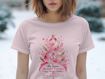 Pink t-shirt with breast cancer ribbon design and inspirational text.
