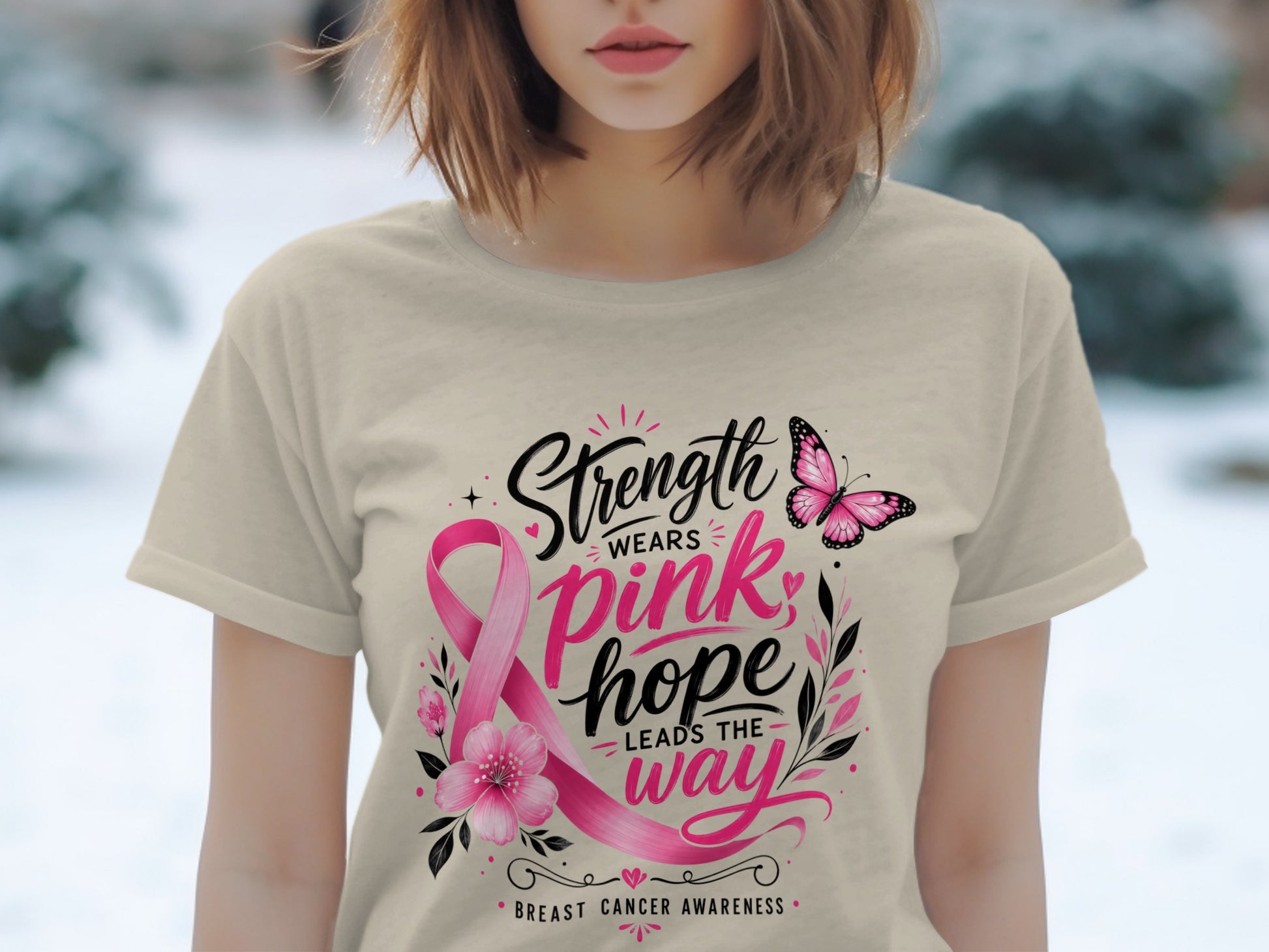 Light beige t-shirt with pink ribbon, butterfly, and "Strength Wears Pink; Hope Leads the Way" text.