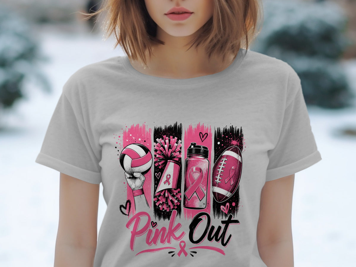 Grey t-shirt with "Pink Out" text and sports graphics with pink ribbons.
