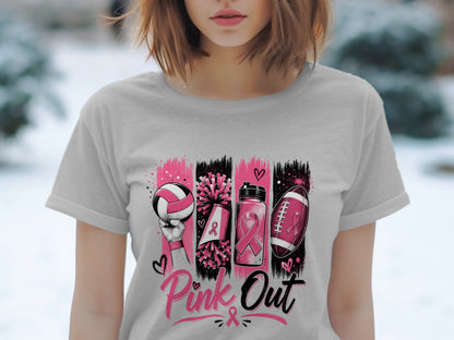 Grey t-shirt with "Pink Out" text and sports graphics with pink ribbons.