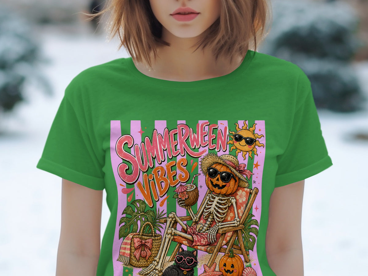 Skeleton and pumpkin graphic with "Summerween Vibes" text on green t-shirt.