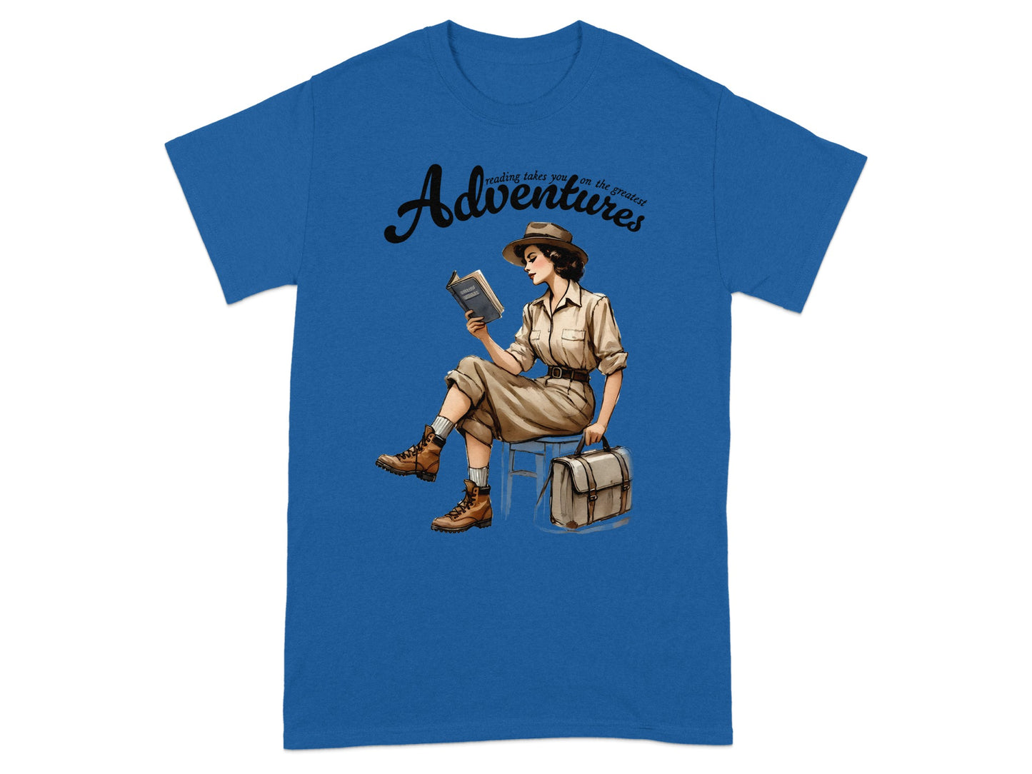 T-shirt graphic: Woman in safari attire reading with text "Adventures".