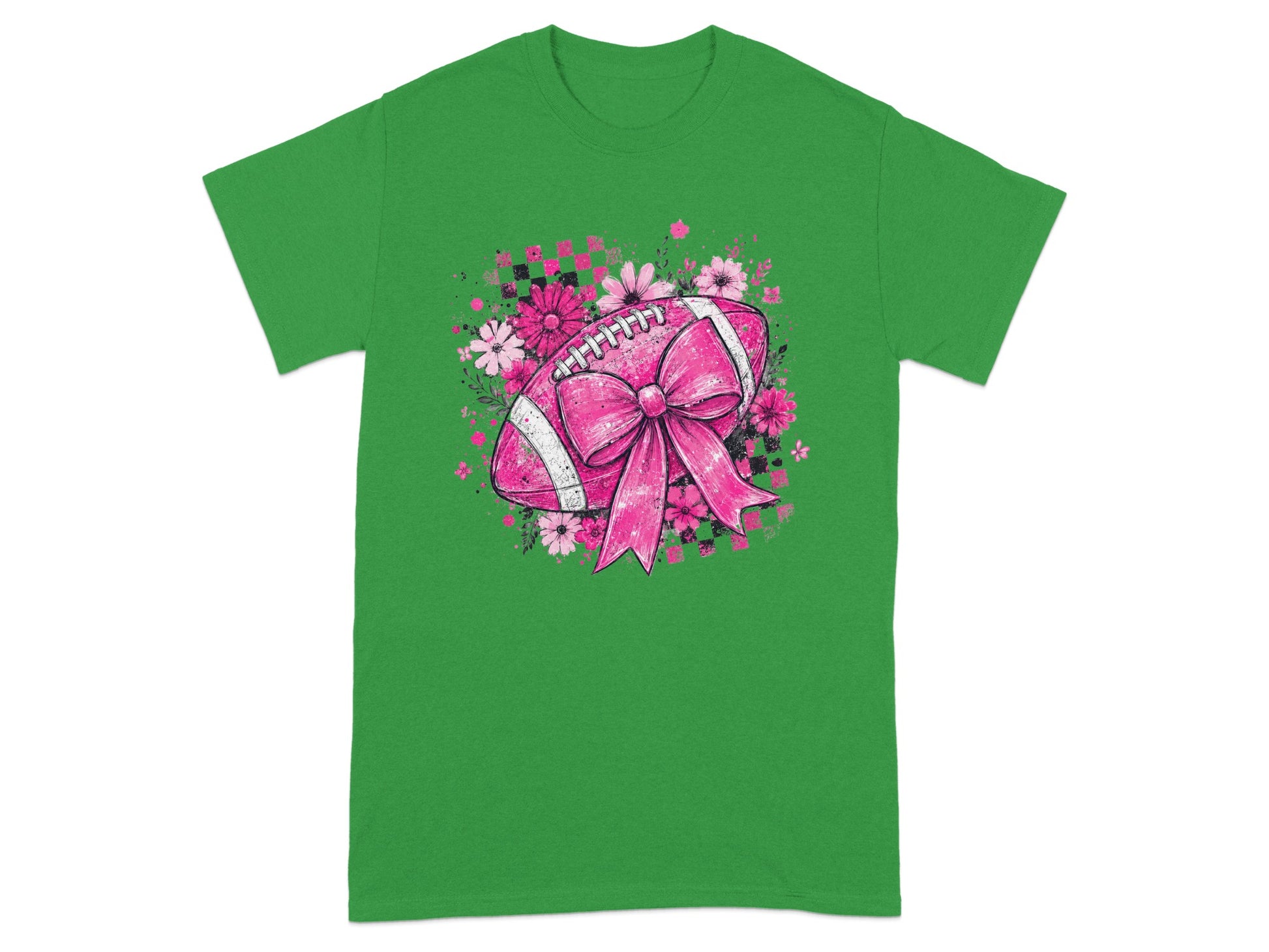 Pink football with a bow and flowers on a green t-shirt.