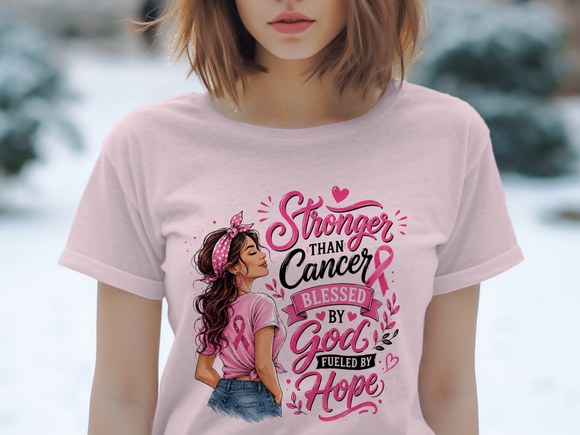 T-shirt with "Stronger than Cancer Blessed by God Fueled by Hope" text and artwork.