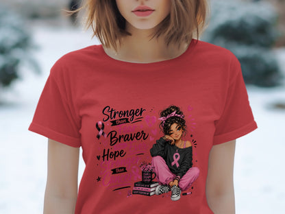 Girl with pink ribbon and text "Stronger than Fear, Braver than Hope, Stronger than Cancer."