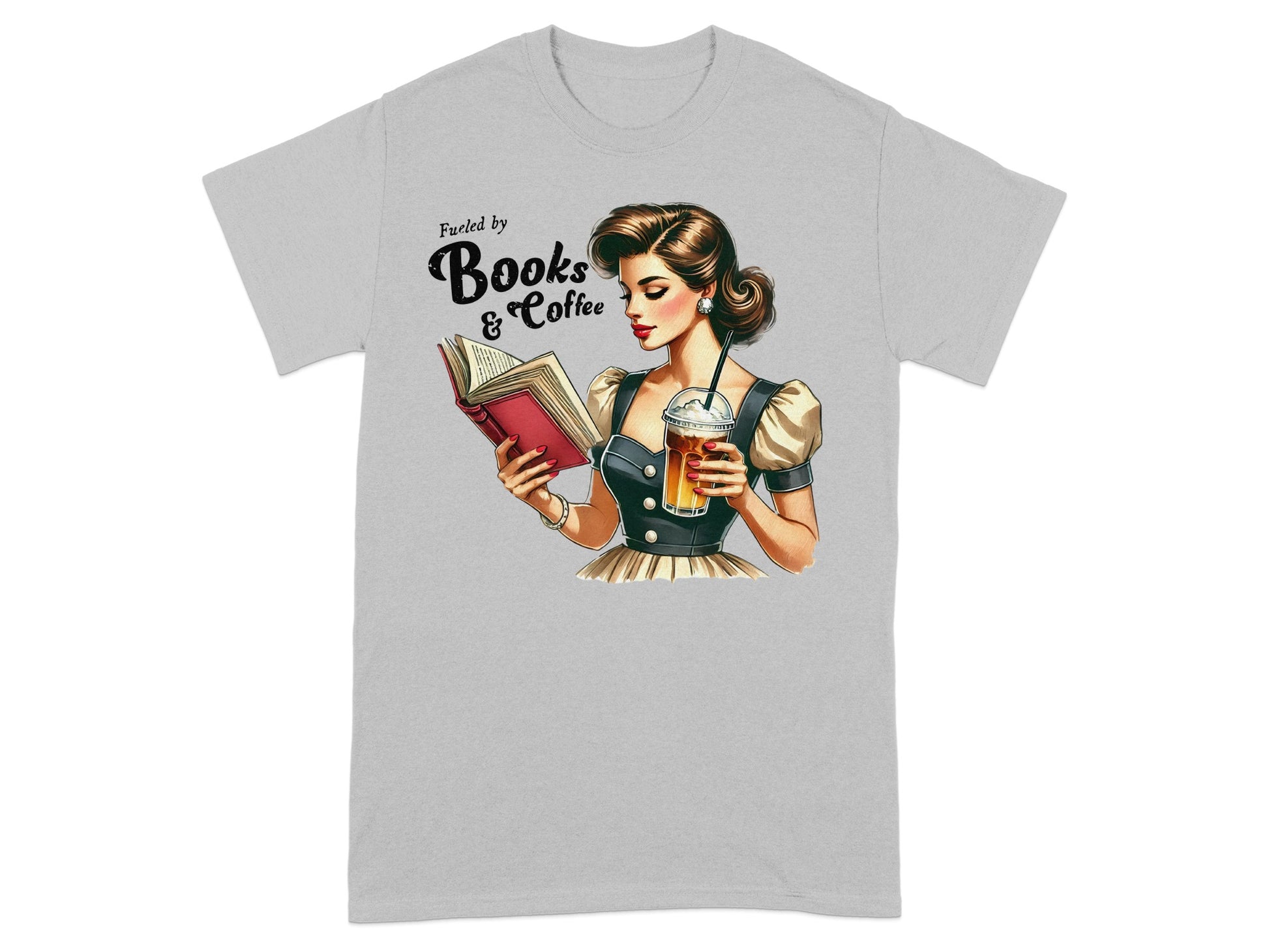 Vintage-style woman reading a book and holding a coffee drink, text reads "Fueled by Books & Coffee".