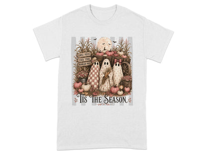 Three ghosts, pumpkins, and a harvest scene with signs reading "Ghost Patch" and "Tis the Season."