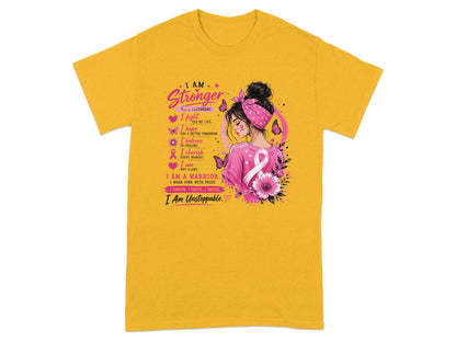 Yellow t-shirt with pink breast cancer awareness graphic and inspirational text.