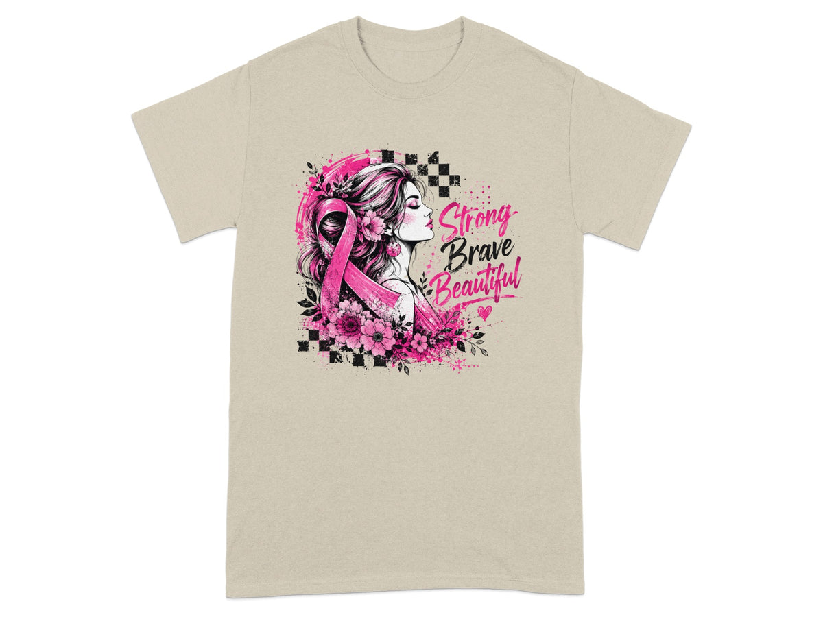 T-shirt with pink ribbon, flowers, and "Strong Brave Beautiful" text.