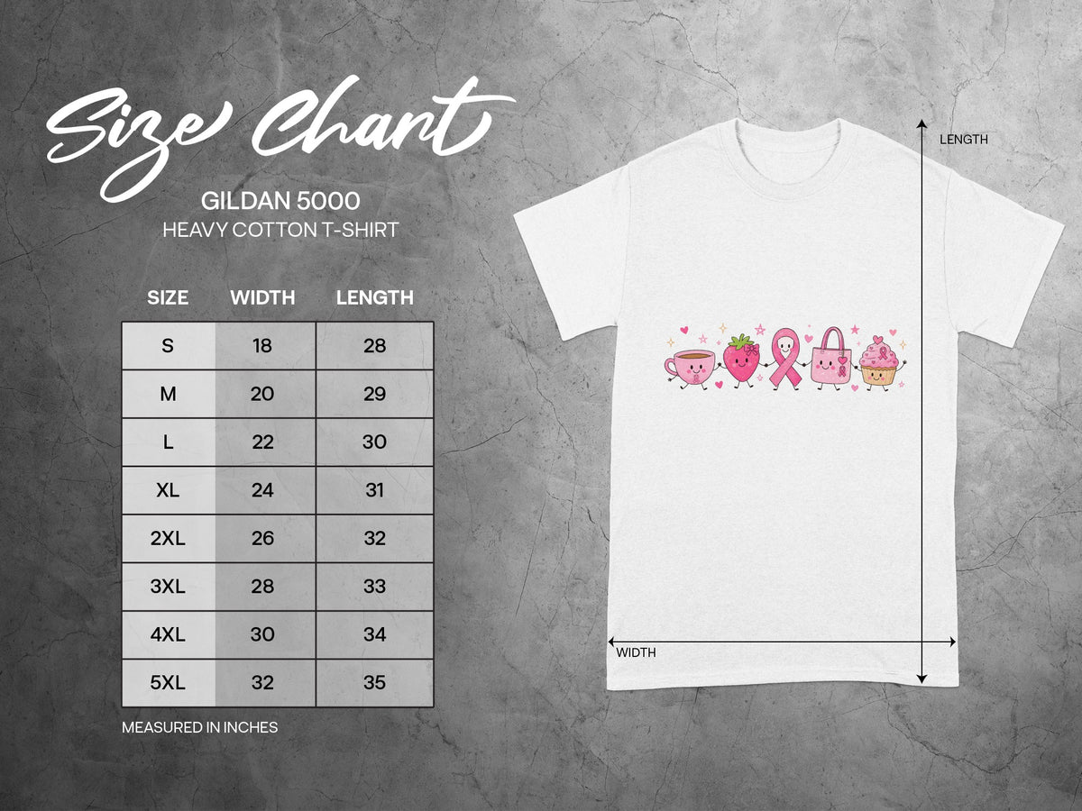 Gildan 5000 Heavy Cotton T-Shirt size chart showing width and length in inches.