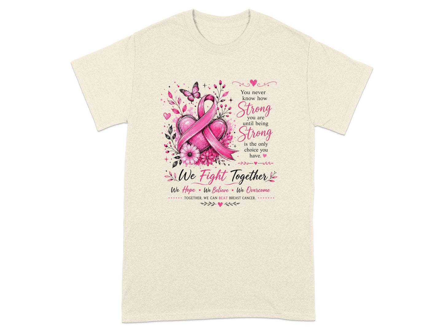 Pink ribbon with hearts, flowers, and butterflies, reading "We Fight Together" and "Together, we can beat breast cancer."