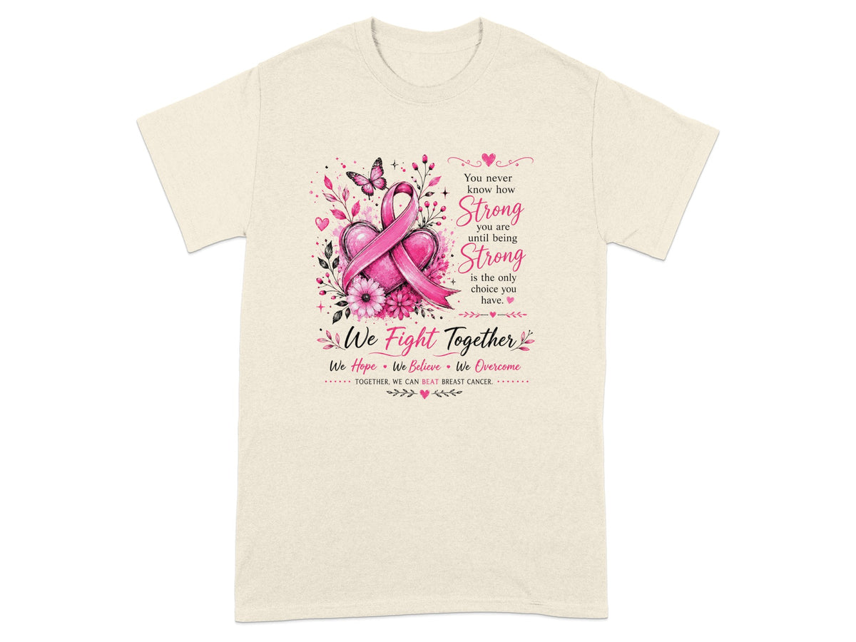 Pink ribbon with hearts, flowers, and butterflies, reading "We Fight Together" and "Together, we can beat breast cancer."