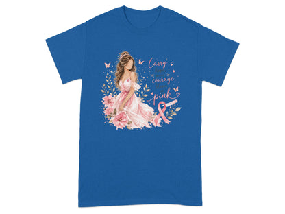 Woman with pink dress and flowers, text "Carry hope courage bloom pink" and ribbon.