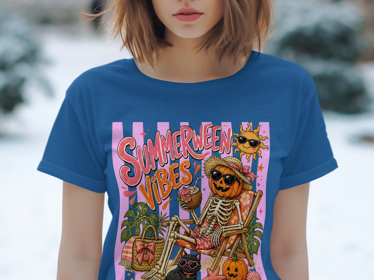 Skeleton with pumpkin head relaxing on a beach chair, text reads "Summerween Vibes."