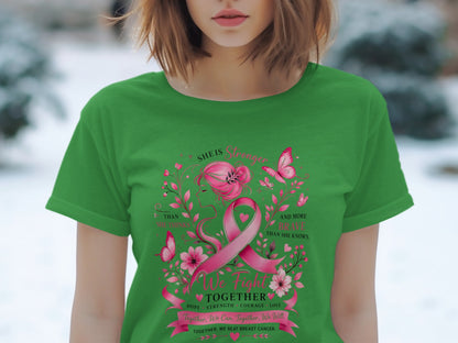Green t-shirt with pink breast cancer ribbon, butterflies, flowers, and empowering text.