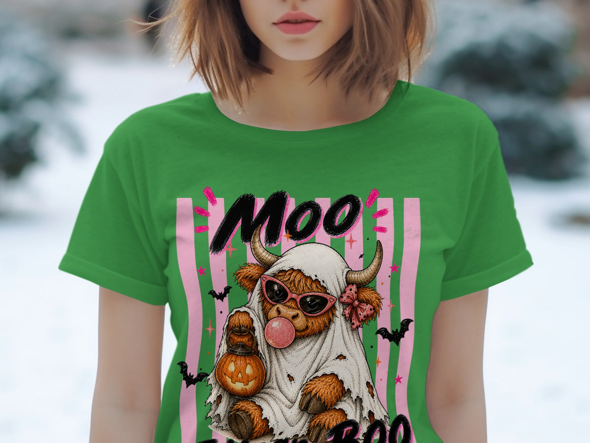Cow wearing a ghost costume with sunglasses, holding a pumpkin, with "Moo" and "Boo" text.