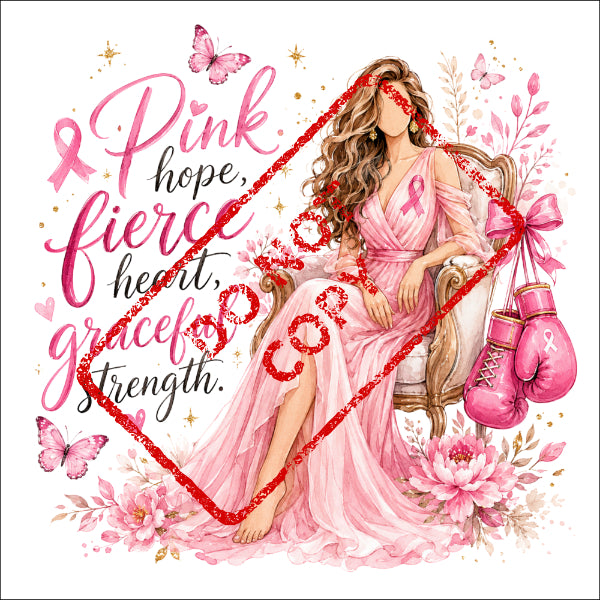 Woman in pink dress with boxing gloves, pink ribbons, and text about strength.